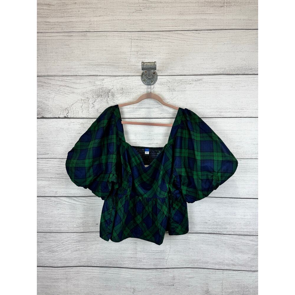 Old Navy Plus Size Blue Green Plaid Puff Sleeve Blouse Size 3X